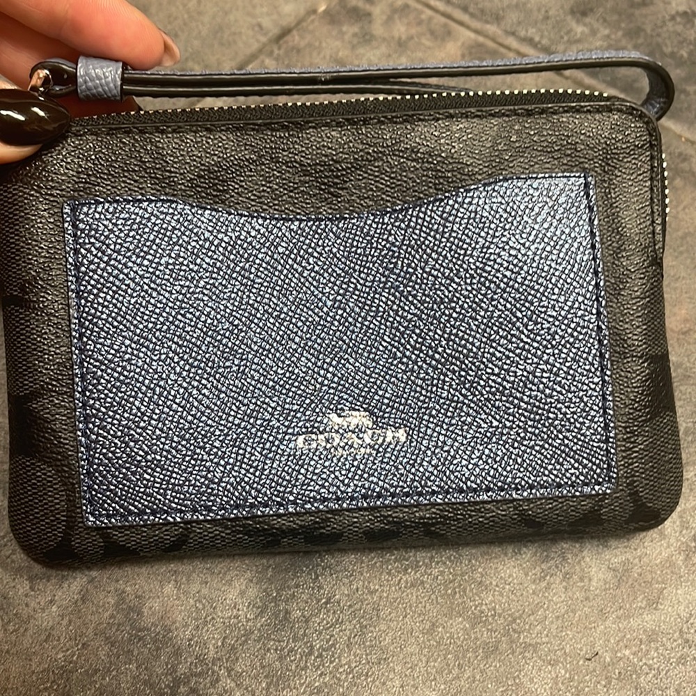 Coach Gray silver/blue Small Wristlet 6” w/card pocket